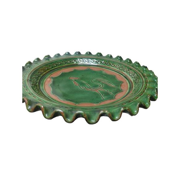 Vintage Mid Century Incised Carved Handmade Tito Ubeda Pottery Dish Green 9" - Picture 5 of 10